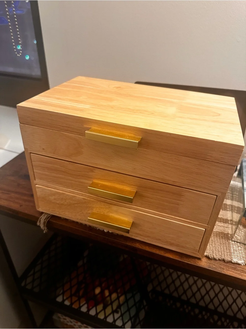 Wooden 3-Drawer Jewelry Organizer with Gold Handles - Natural